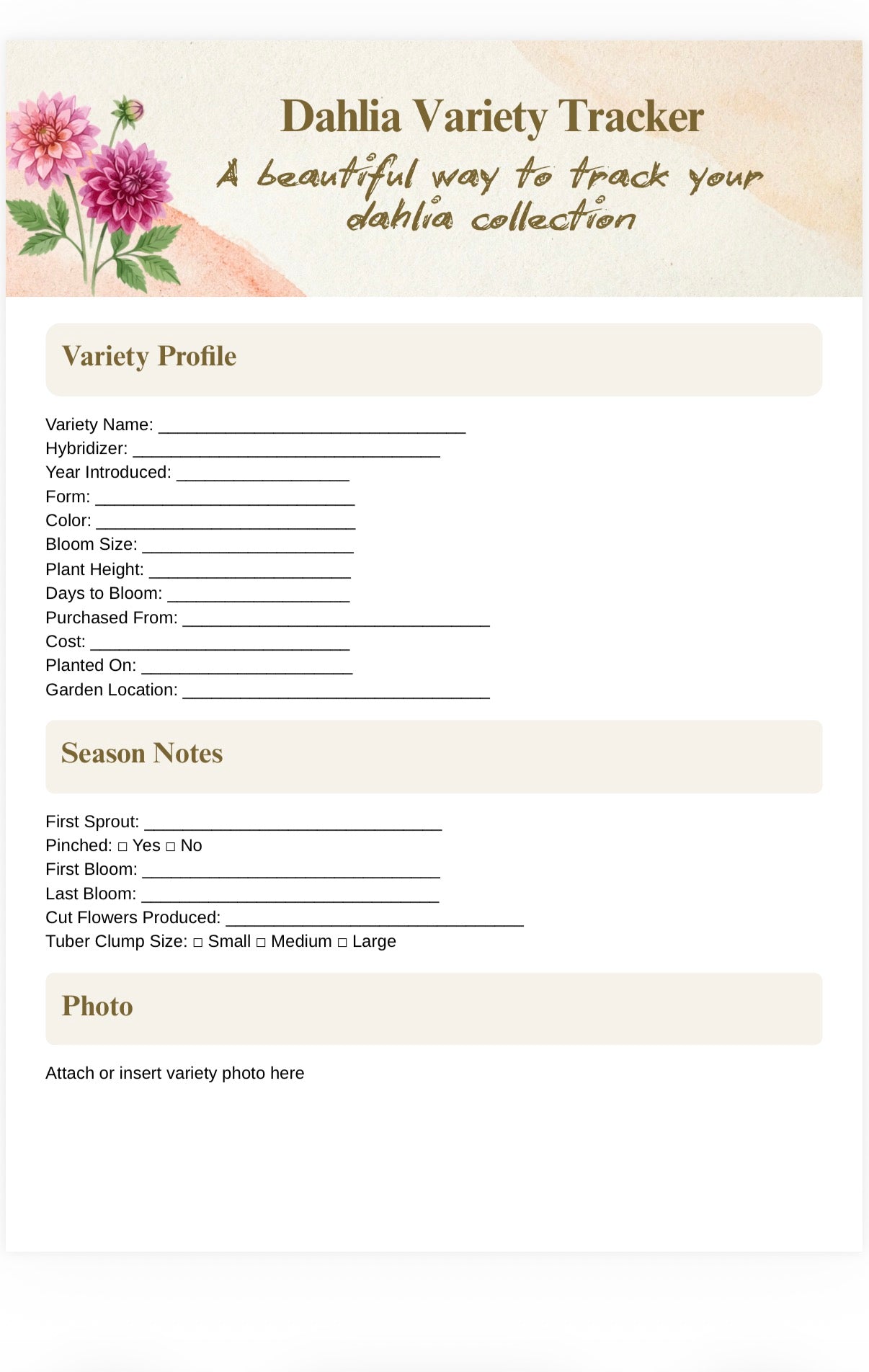 Dahlia Variety Tracker – Printable Garden Record Sheet